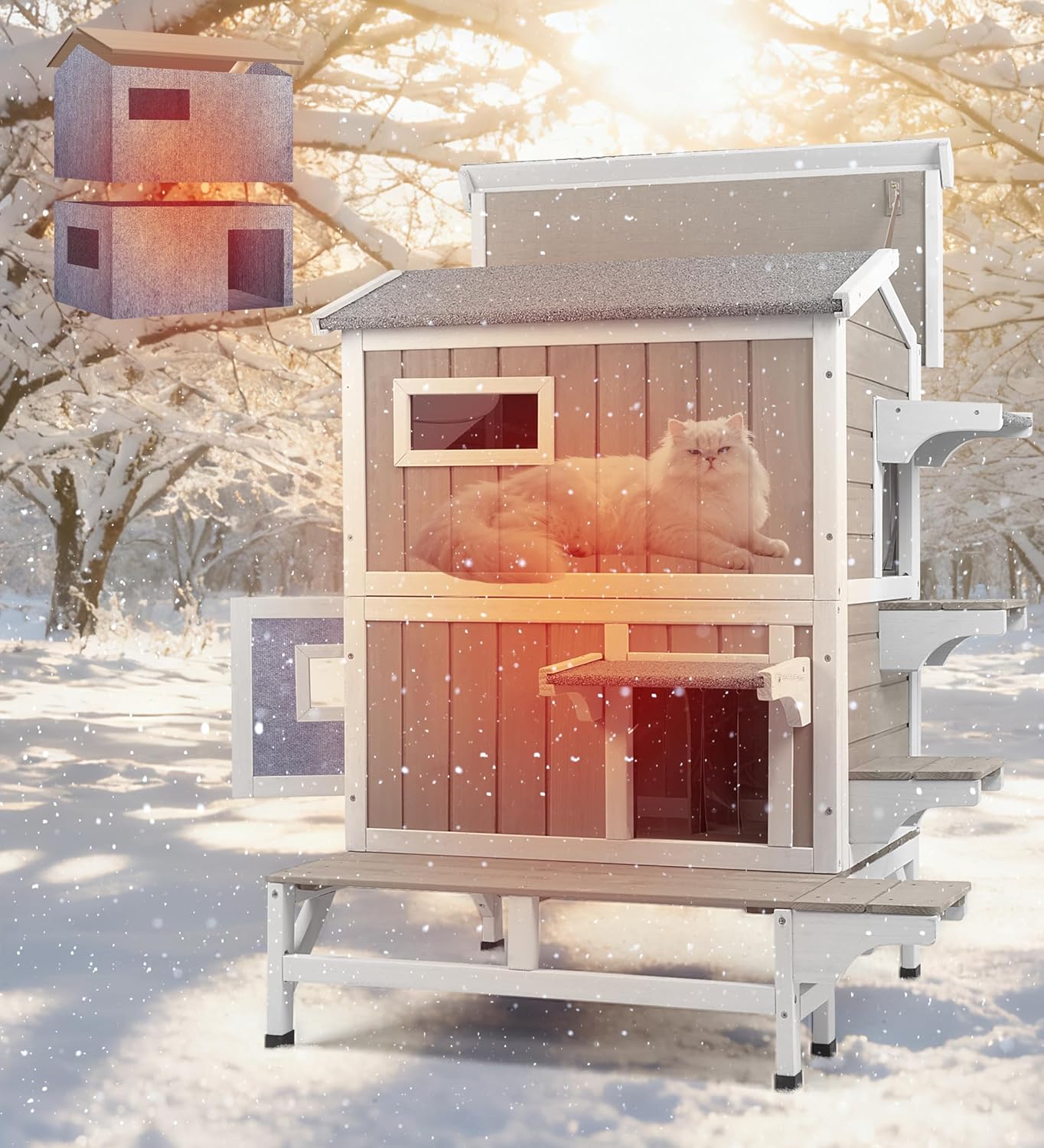Gowoodhut 2 Story Insulated Outdoor Cat House Weatherproof Feral Cat Shelter for Winter Outside Cat Houses for 2-3 Cats Indoor Pets Condo with Waterproof Roof & Escape Door, 6.3" Raised Base & Balcony