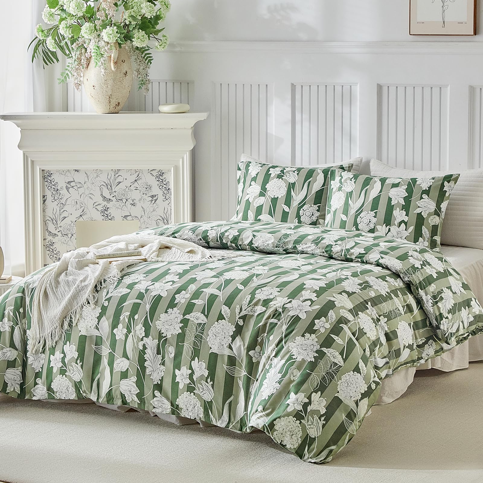 Lekesky Striped Duvet Cover Queen Size 3-piece, Green Hydrangea