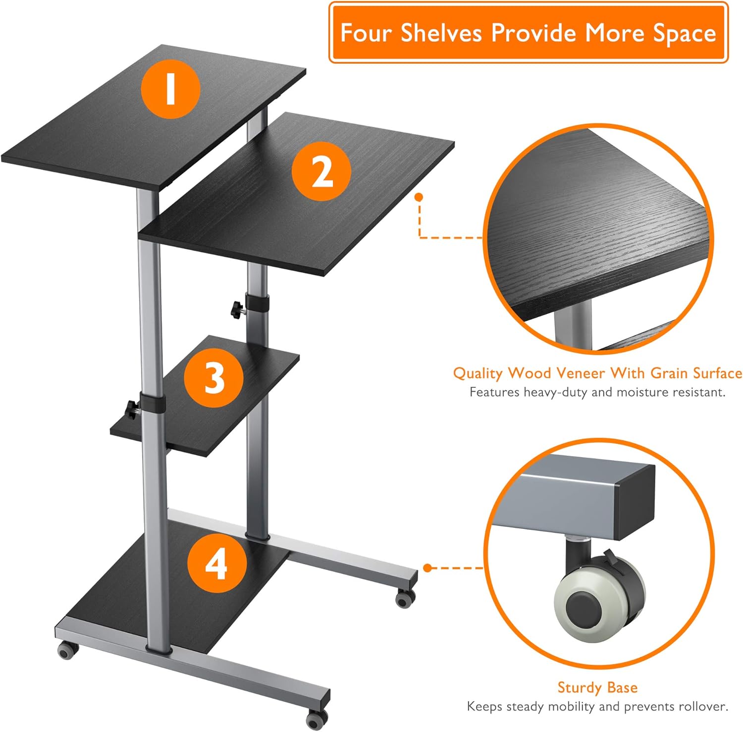 Diagram showing four shelves and sturdy base with wheels
