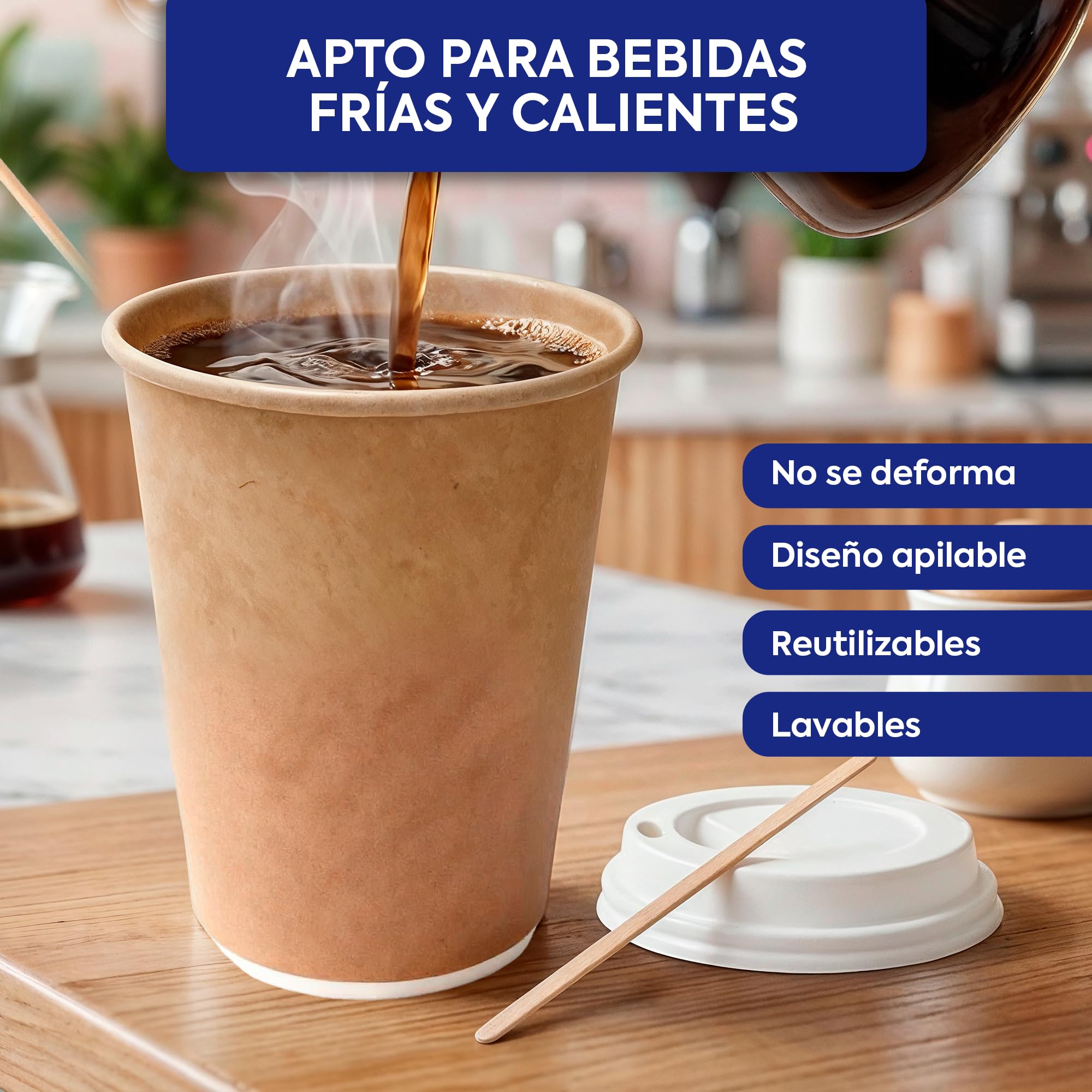 Vasos para Café con Tapas y Paletinas de Cartón Kraft 600 uds de 240 ml (8oz) Tazas de Papel de Alta Densidad para Bebidas Calientes Lavables y Reusables