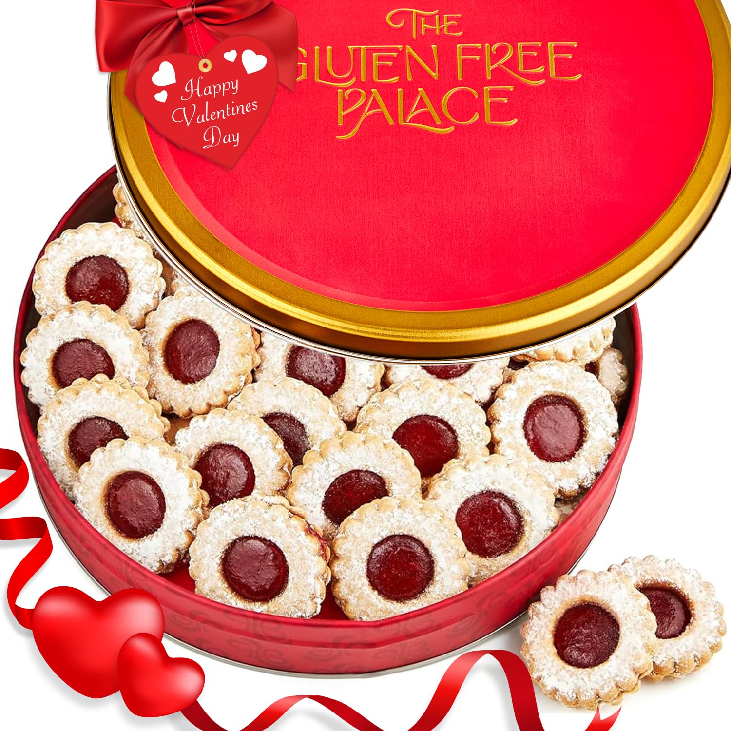 Gluten Free Palace Valentine’s Day Cookie Gift Basket – Gourmet Gluten Free Cookies – Fresh Shortbread Linzer Tart Cookies in Red Tin – Valentine Gift for Her, Him, Friends & Family (21 Cookies)