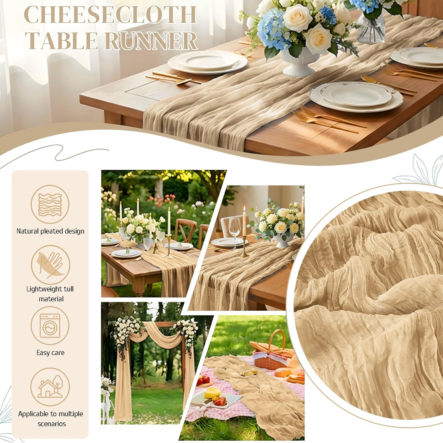 10 Pack Beige Cheesecloth Table Runner 21x120 Inches Boho Gauze Table Runners, Rustic Semi Sheer Cheese Cloth Fabric for Easter Spring Wedding Party Baby Shower, Long Vintage Table Runner for Dining