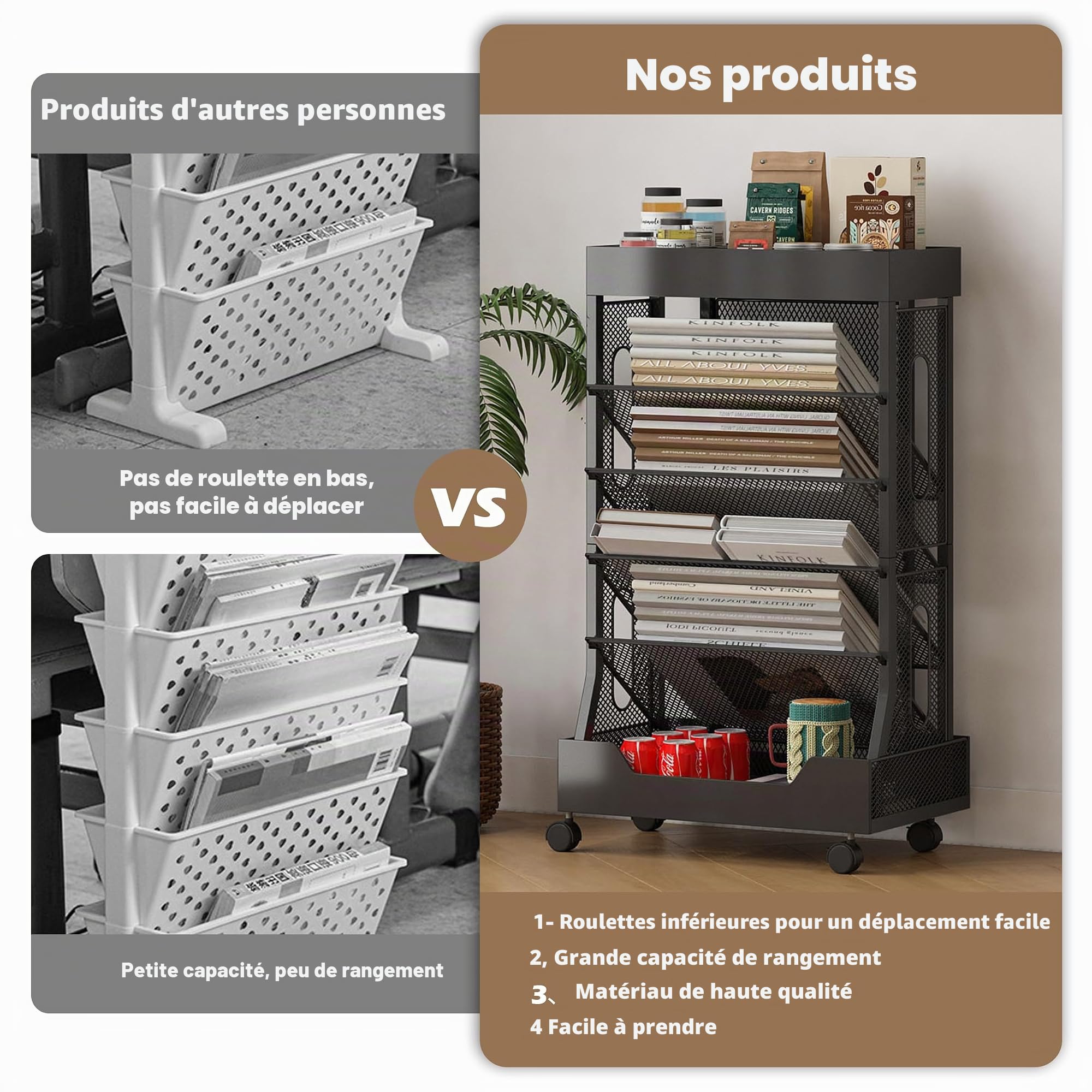 COVAODQ Petite étagère Mobile Amovible, adaptée pour l'école, l'étude, Le Salon, la Chambre à Coucher (Noir)