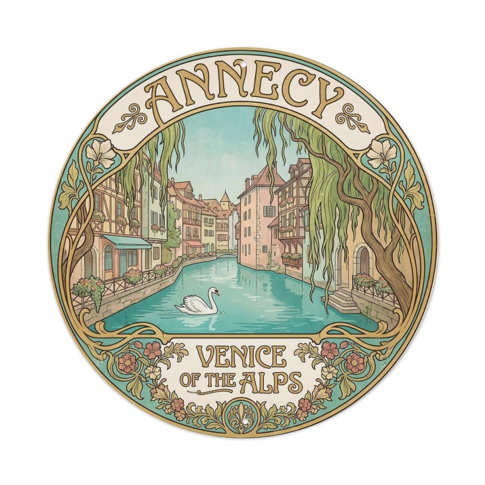 Annecy Alpine Lake Town Vintage Travel Canal Heritage Metal Tin Sign Plaque Wall Decor for Cafe, Man Cave, Club Bar, Office, Home Garden Round Metal Poster 8x8Inch