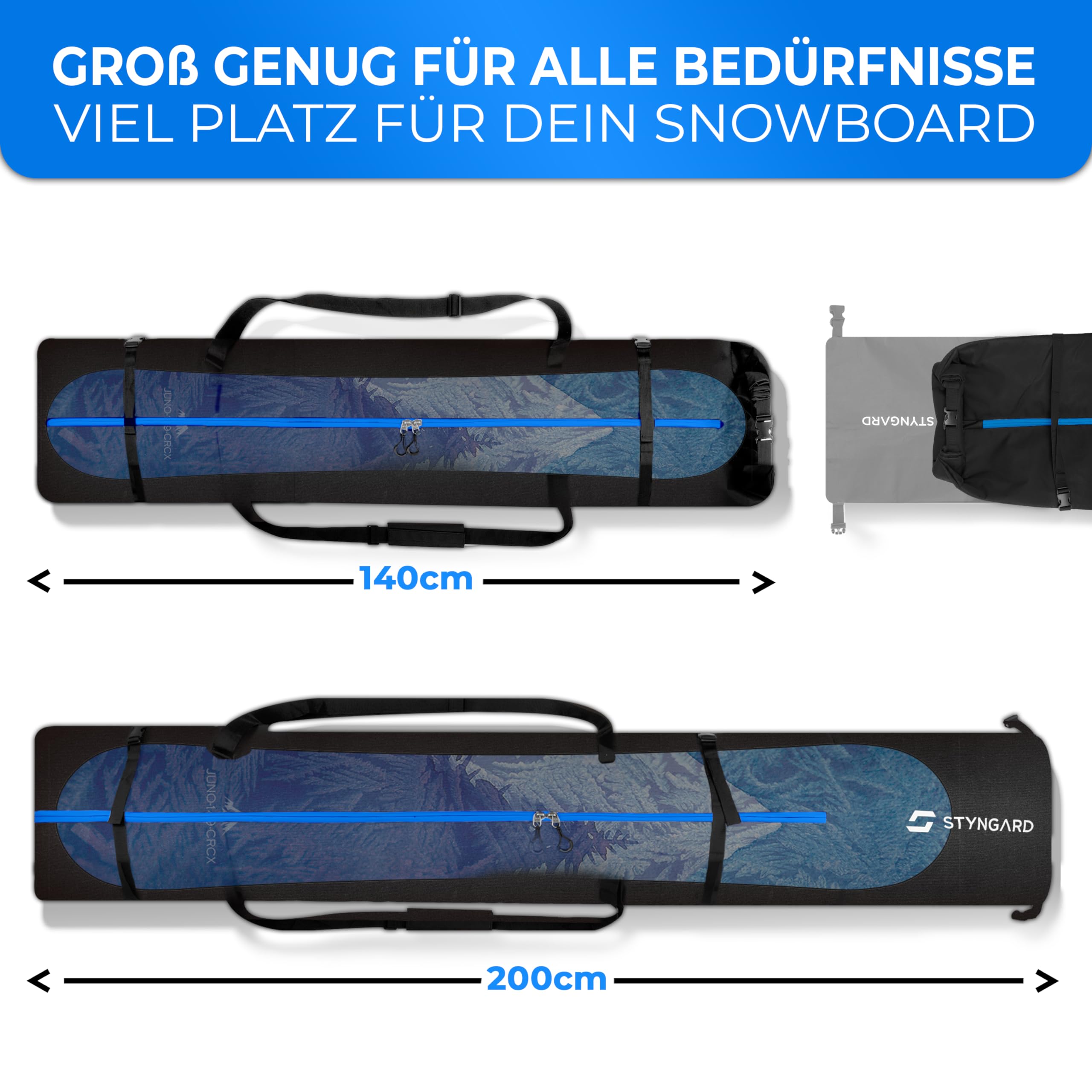 STYNGARD Snowboardtasche mit Rolltop [140 cm bis 190 cm] - Boardbag Snowboard mit wasserdichter Polsterung im Bindungsbereich - Snowboardtasche Modell Whistler
