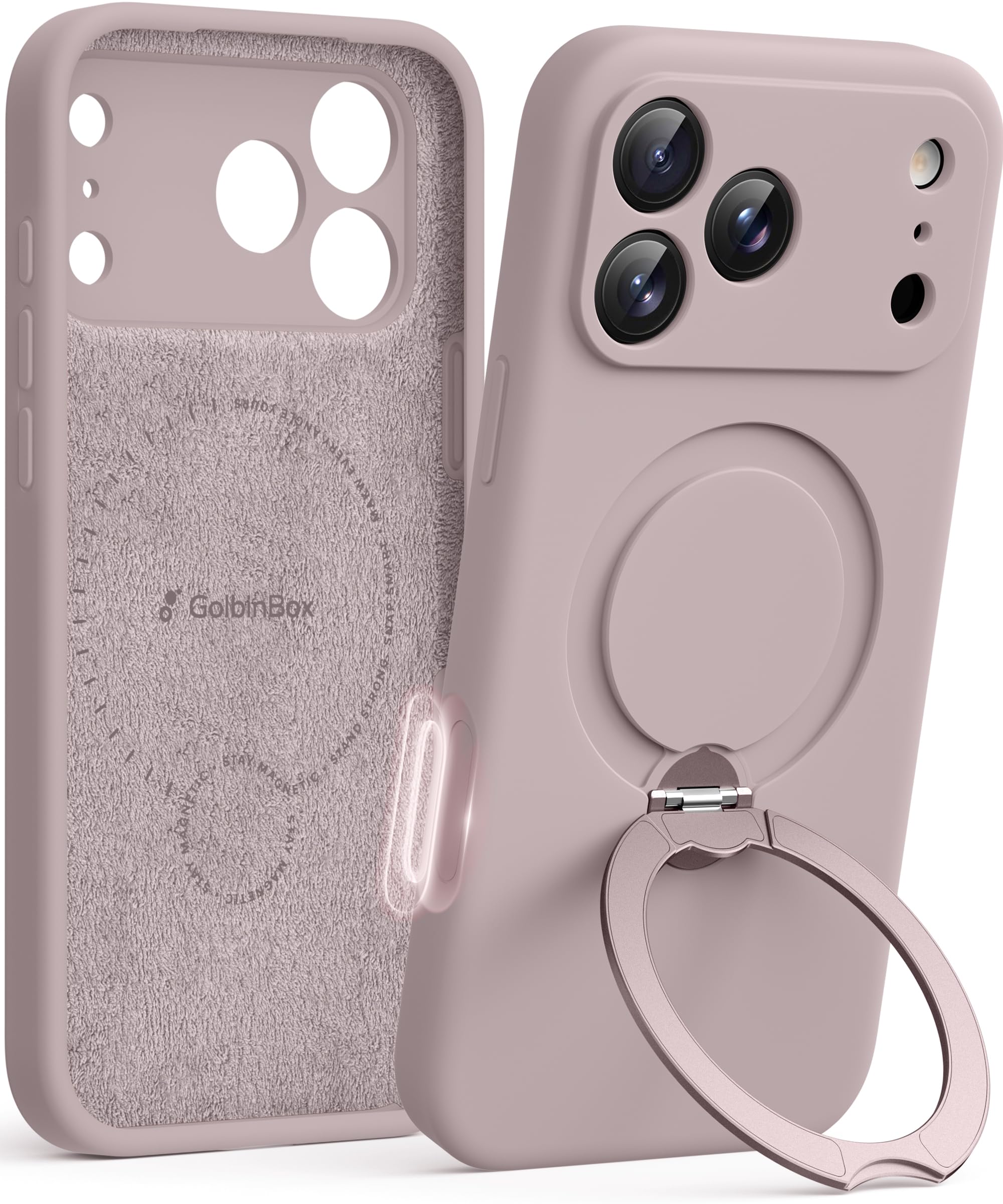 GolbinBox für iPhone 17 Pro Max Hülle mit 360° drehbarem Magnetständer, kompatibel mit MagSafe&Vollkameraschutz, stoßfeste Flüssigsilikon-Hülle mit Ringständer für iPhone 17 Pro Max 6,9'', Helles Taro
