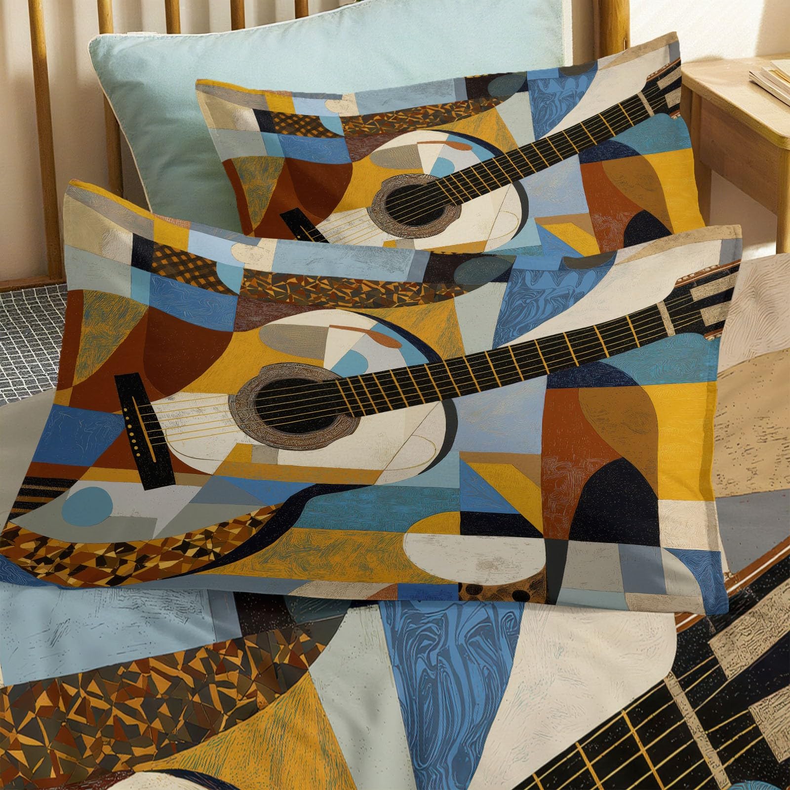 Poszwa na kołdrę dla chłopców i dziewczynek, miękka mikrofibra, 240 x 220 cm, dwustronna, abstrakcyjna, gitara, geometria, sztuka, 3-częściowy zestaw z 2 poszewkami na poduszki, do sypialni, dekoracja