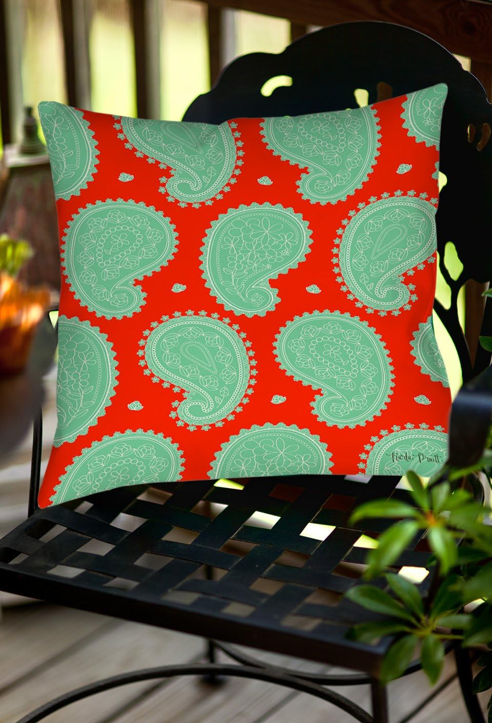 Manual Woodworkers & Weavers Square Indoor/Outdoor Pillow, 18-Inch, Paisley Floral, Mint