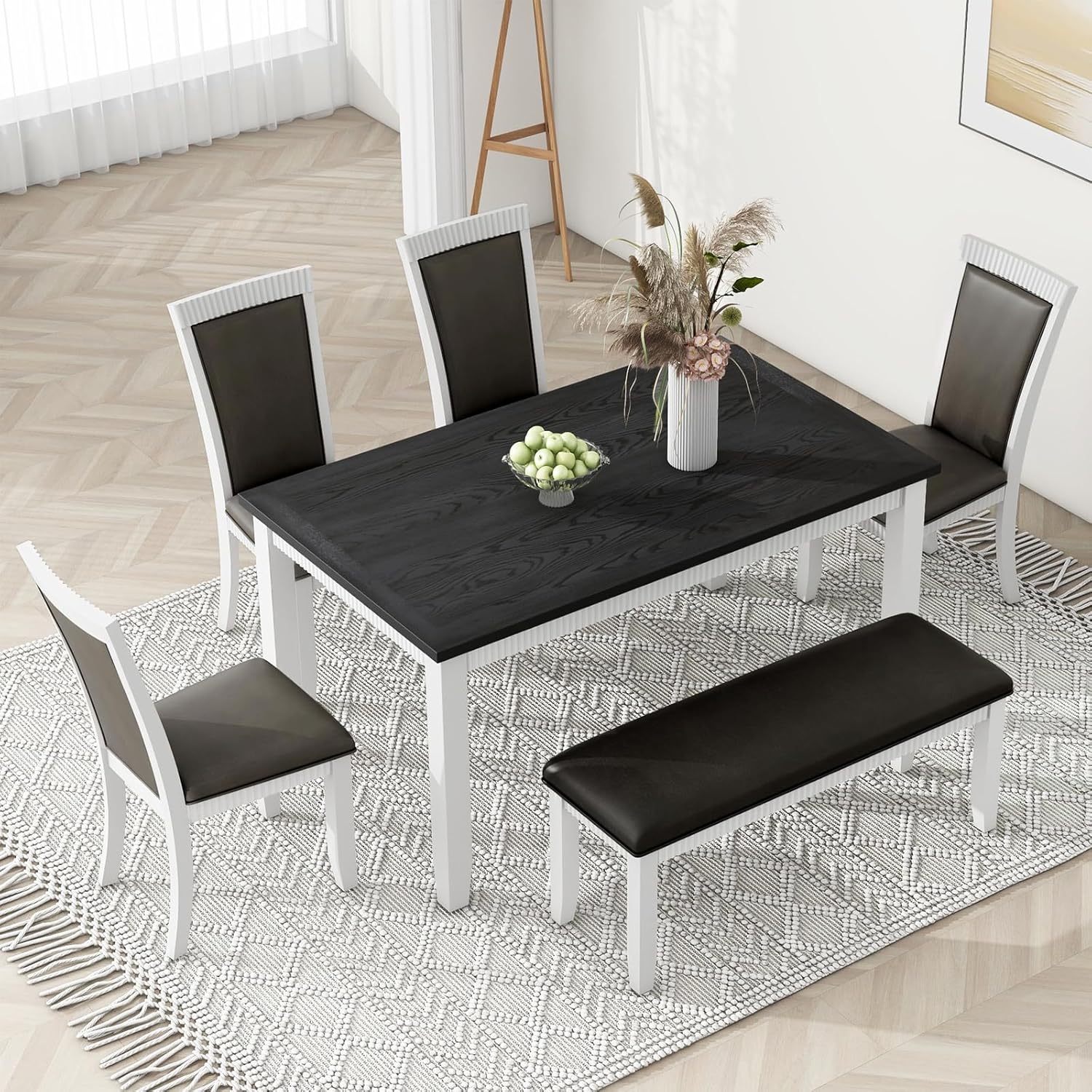 Dining Table Set for 6 with Bench, Rustic Solid Wood 6