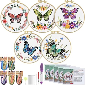 ERKOON 5 Sets Embroidery Kit for Beginners Butterfly and Flower