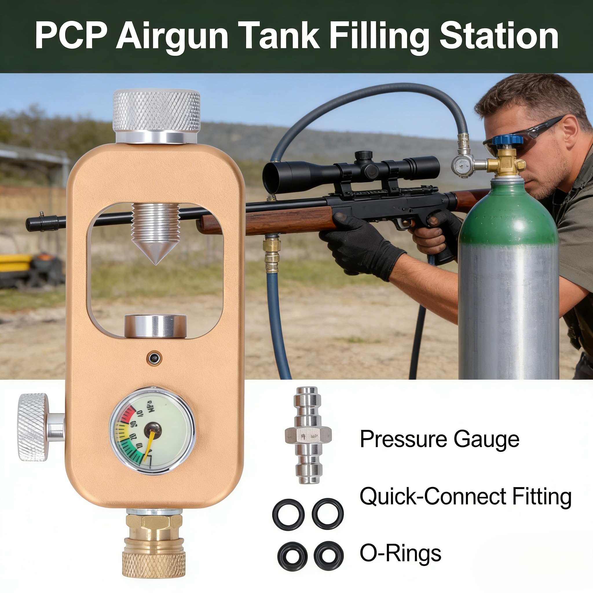 Adaptador Tanque Recarga Buceo, Adaptador de Alta Presión de 30 MPA con Manómetro, Aleación de Aluminio para Paintball, Rifles de Aire PCP, Botellas de Buceo, Compatible con Válvulas K/J/H