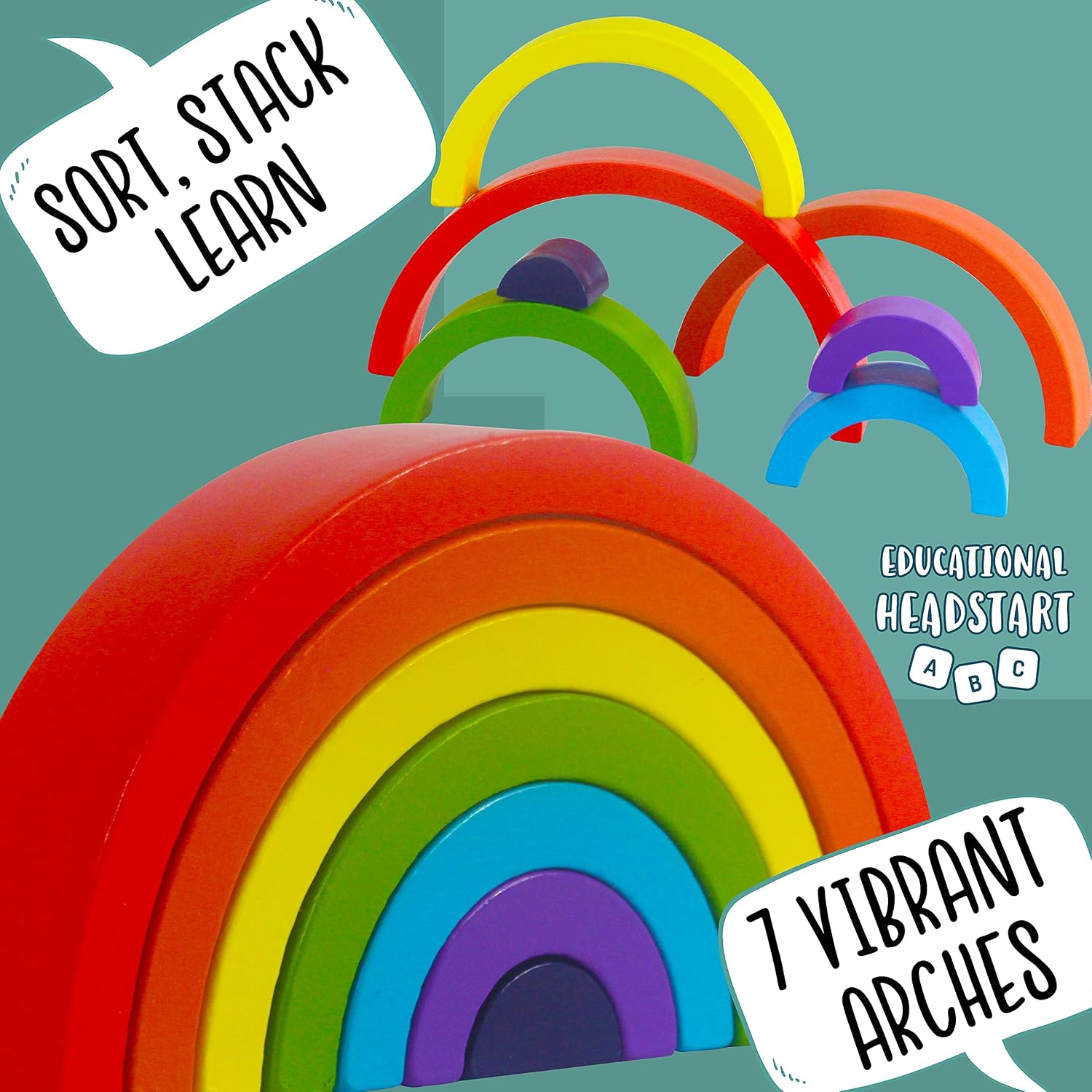 Jaques of London Wooden Toys Rainbow Toy | 7 PCS Rainbow Stacking Toys | Montessori Toys for 1 2 3 Year olds Boys & Girls | Sorting, Stacking & Plugging Toys | Since 1795 - Image 3