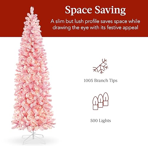 Miniatura 35 de Best Choice Products Árbol de Navidad flocado de lápiz, preiluminado delgado de 12 pies, decoración navideña artificial 2 en 1, luces blancas