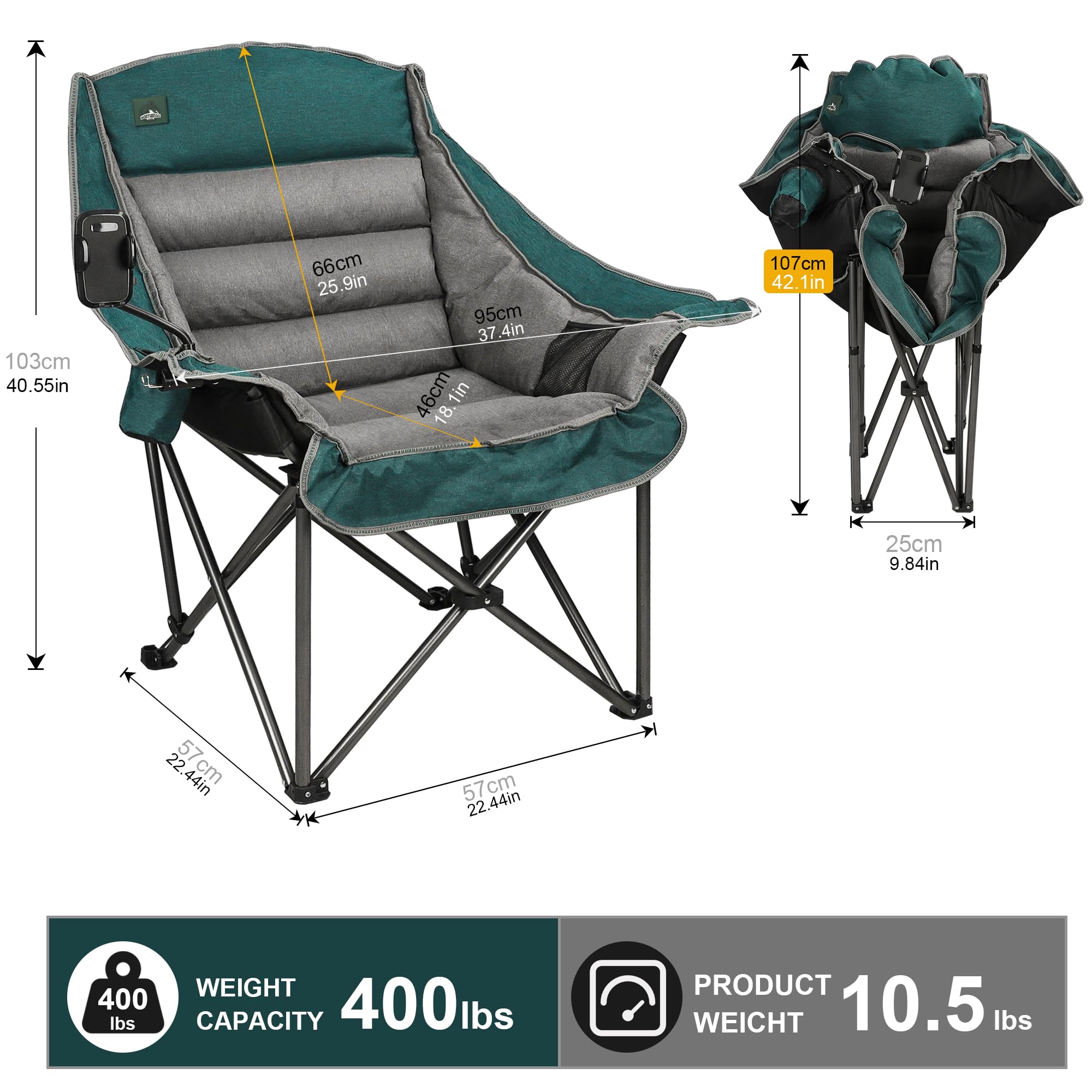 Northroad Übergrößer XL Gepolsterter Campingstuhl mit Handyhalter, Großer Campingstuhl, Klappbarer Gartenstuhl mit Becherhalter, Tragetasche für Outdoor, Strand, Picknicks, Robuste 180kg