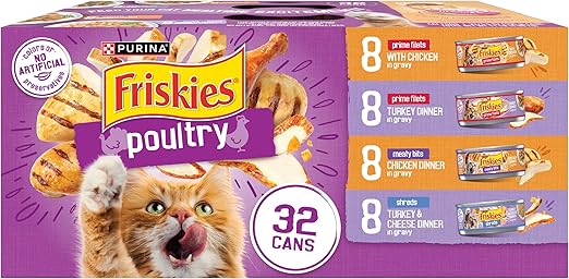 Purina Friskies Gravy Wet Cat Food Variety Pack, Poultry Shreds, Meaty Bits and Prime Filets - (Pack of 32) 5.5 oz. Cans