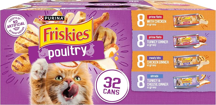 Purina Friskies Gravy Wet Cat Food Variety Pack, Poultry Shreds, Meaty Bits and Prime Filets - (Pack of 32) 5.5 oz. Cans