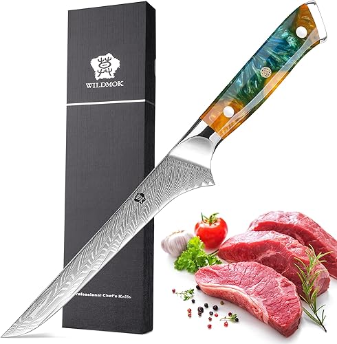WILDMOK Cuchillo deshuesador, cuchillo de filete de damasco de 7 pulgadas, cuchillo japonés de acero de damasco, cuchillo de filete forjado a mano