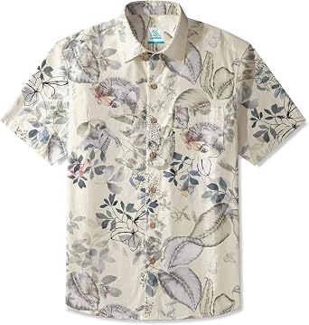 LeosWare Mens Hawaiian Shirt Short Sleeve Button-up 100% Cotton Gray Aloha Dreamy Soft Botanicals