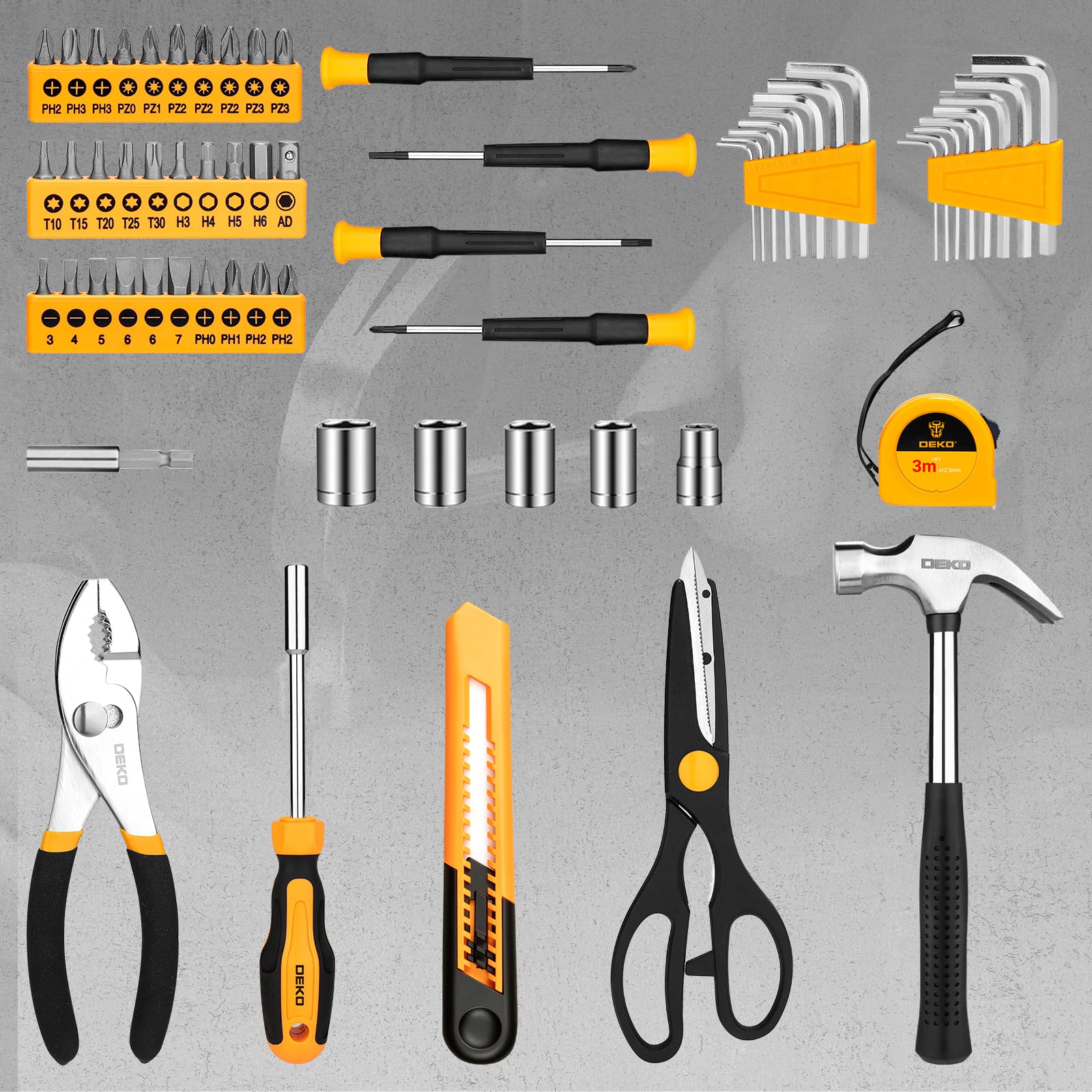 DEKO Outils Bricolage Kit - 62 Pièce Malette Outils à Main Ménage Général avec Boîte à Outils en Plastique Mallette de Rangement