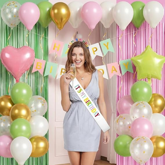 Sage Green and Pink Birthday Decorations Set Happy Birthday Banner Balloons Fringe Curtain Tiara for Women Girls Boys Party Supplies