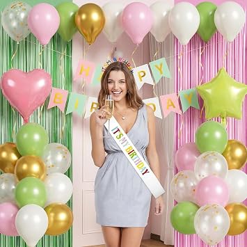 Sage Green and Pink Birthday Decorations Set Happy Birthday Banner Balloons Fringe Curtain Tiara for Women Girls Boys Party Supplies