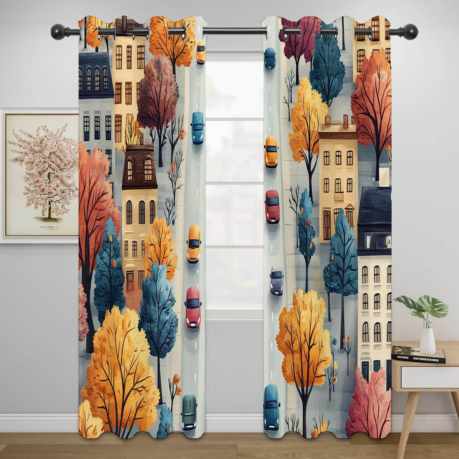JOSUE Cortinas Opacas Dibujos Animados de Animales Albero colorato camera da letto, drappeggio con occhielli argentati, beige/verde-A230 x L160 cm (2 Pannelli)