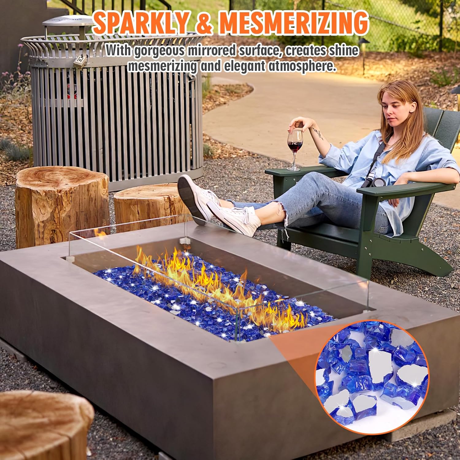 Mesida Fire Glass for Propane Fire Pit - 10 lb Reflective High Luster Glass Rocks, Cobalt Blue 1/4-Inch Fire Pit Glass for Indoor/Outdoor Fireplace & Fire Table, Tempered Decorative Firepit Rocks