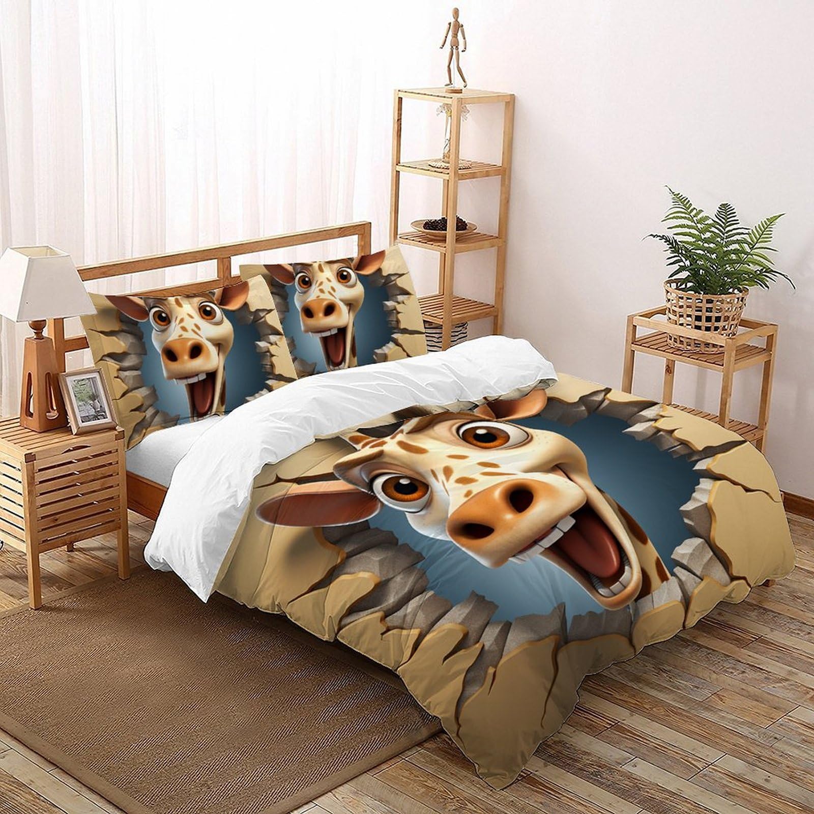 Housse de couette girafe 200x200cm avec 2 taies d'oreiller pour enfant
