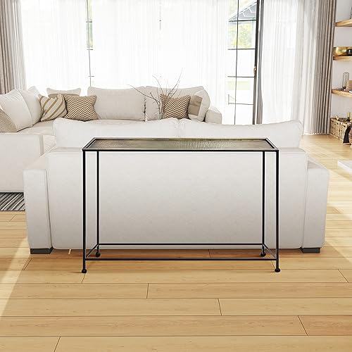 Miniatura 2 de The Urban Port Aurelia - Mesa de sofá consola de 48 pulgadas, bandeja de bronce antiguo martillada artesanal, marco industrial de hierro negro