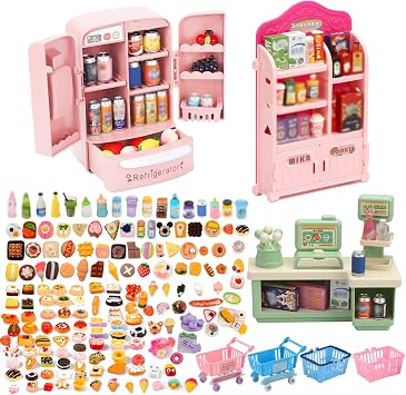 120Pcs Miniature Shopping Food Drink Bottle, Mini Food Supermarket Handcart Shelve Vending Machine for House Accessories, Tiny Fridge Ornaments Verse Make It Mini Food