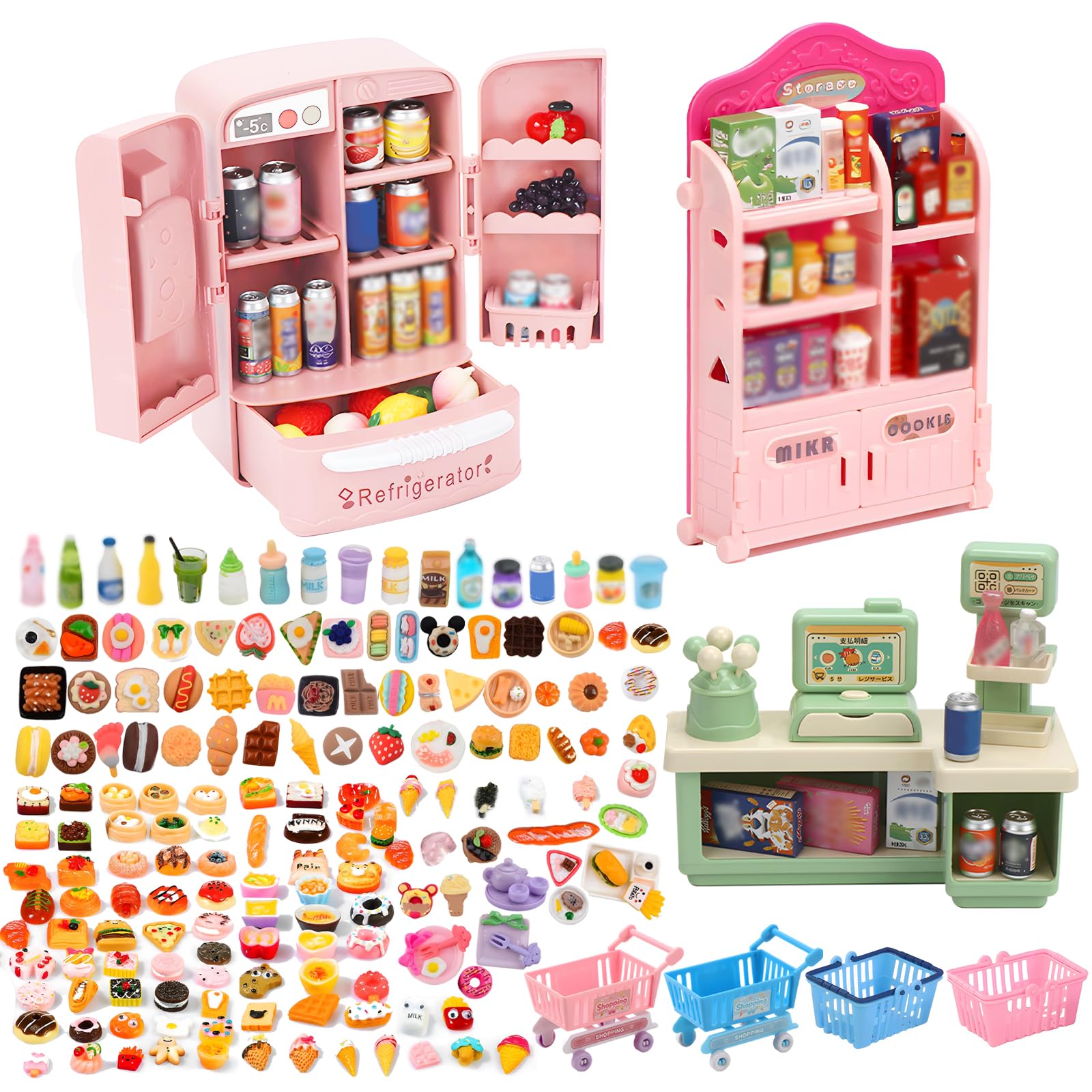 120Pcs Miniature Shopping Food Drink Bottle, Mini Food Supermarket Handcart Shelve Vending Machine for House Accessories, Tiny Fridge Ornaments Verse Make It Mini Food