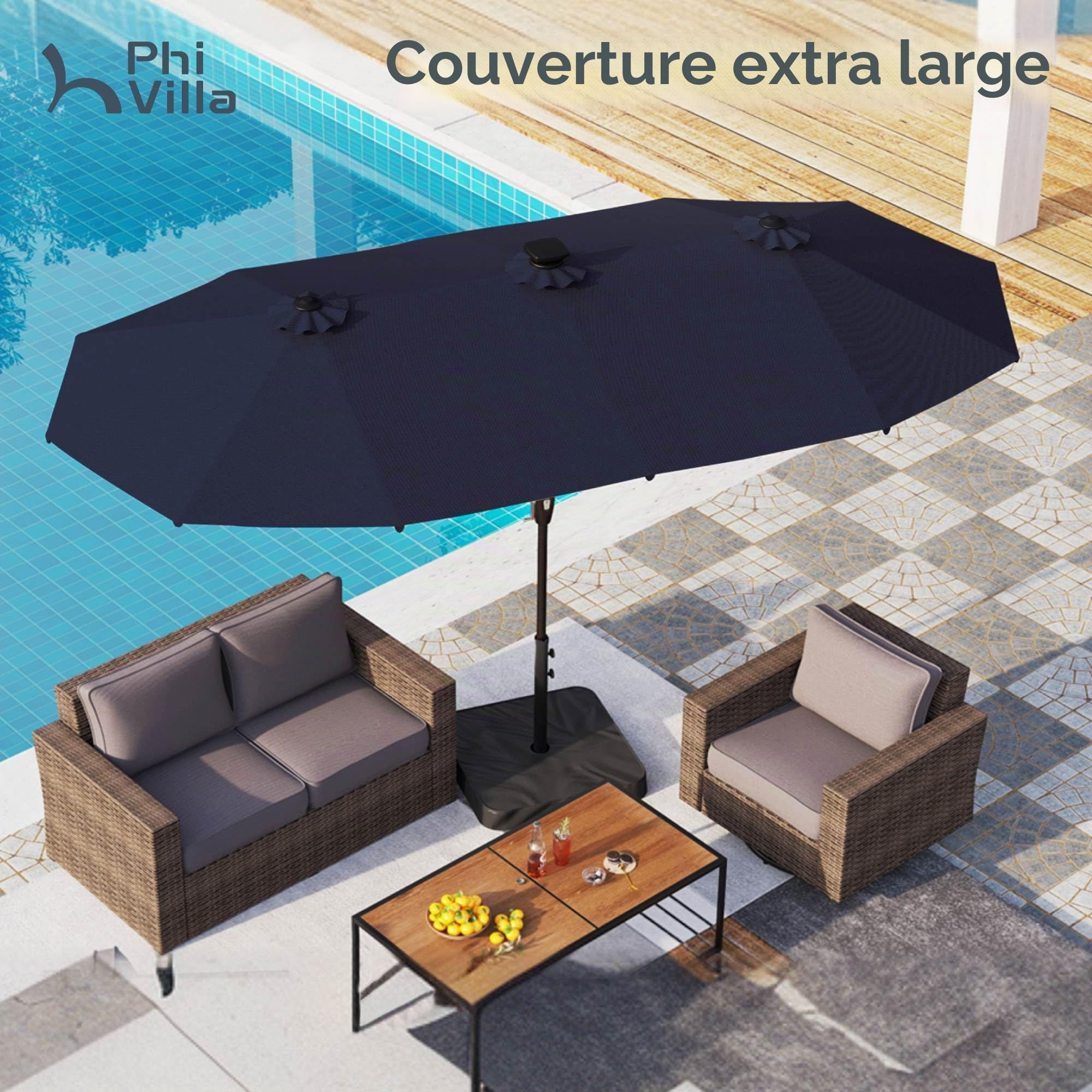 PHI VILLA Parasol de Jardin Extérieur,2x3,8m Parasol Double Face Rectangulaire avec LED Lampe et Manivelle,Protection Solaire pour Terrasse, Résistant à l'Eau,Anti au vent
