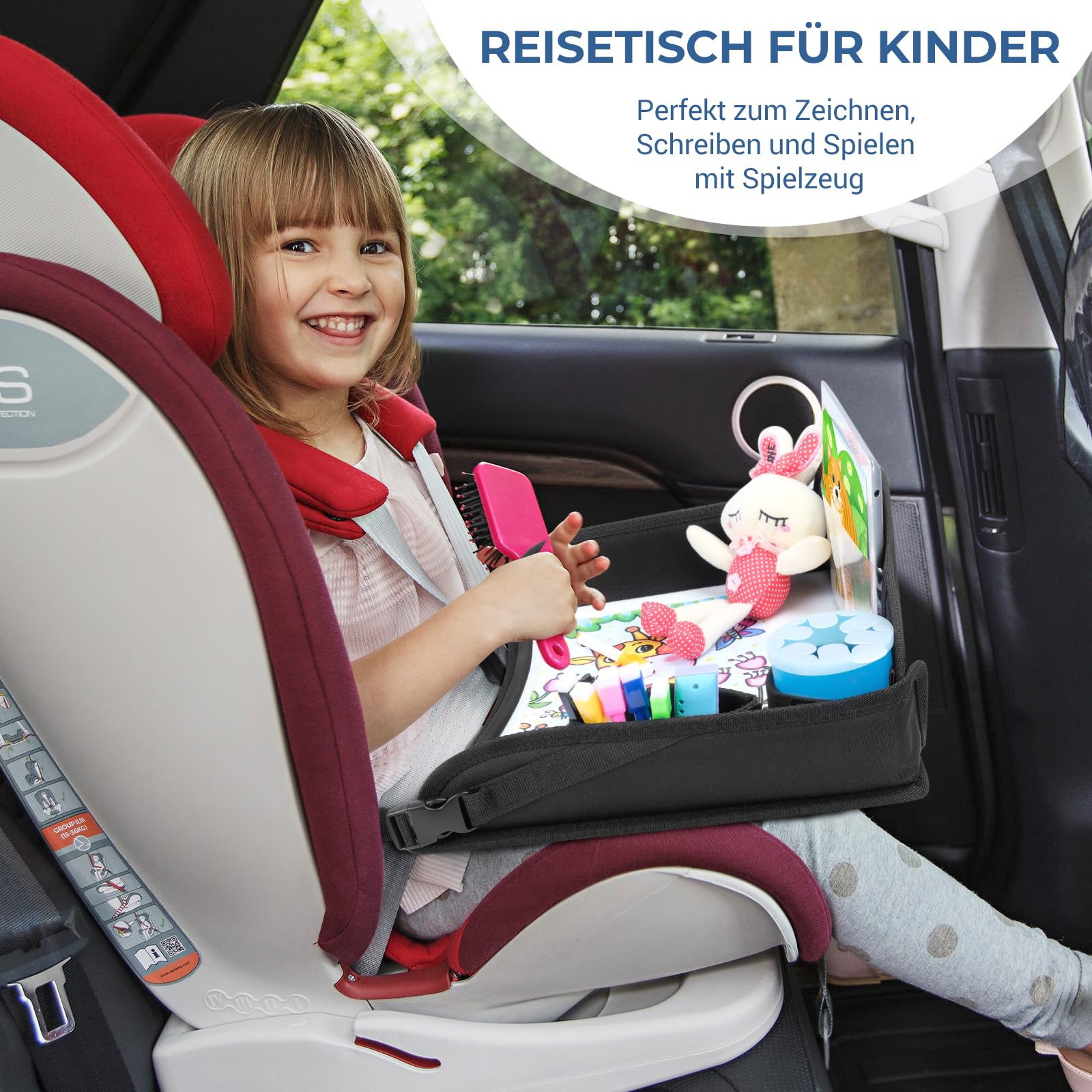 INFANZIA Reisetisch Kindersitz für Kinder - Knietablett, Snack Tablett, Kindersitz Rücksitz für Auto Flugzeug Zug Reisen - Unterstützung, Faltbarer Organizer (Schwarz)