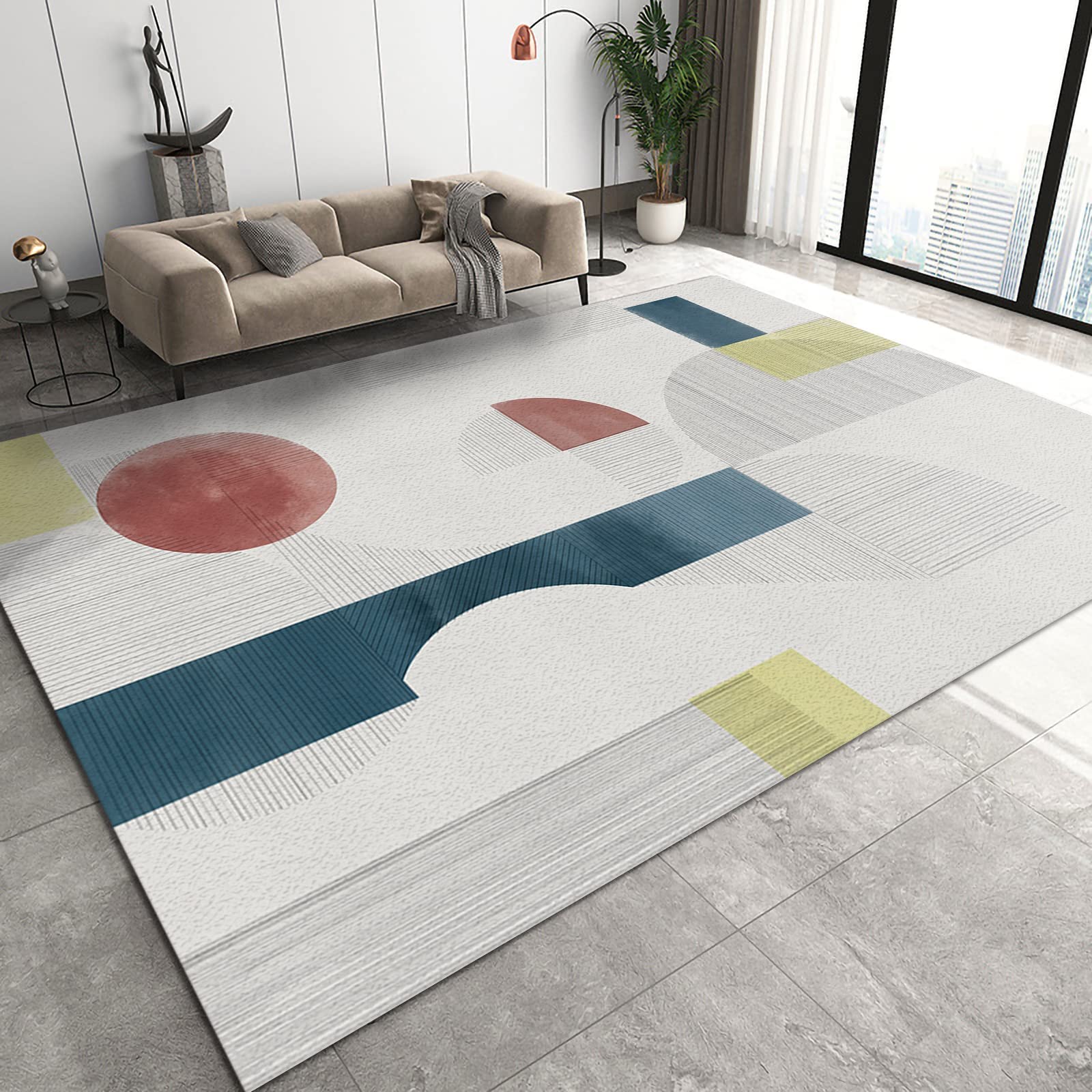 Retro Red Blue Yellow Geometric Area Rug, Stripes Graffiti European Style Indoor Non-Slip Kids Rugs, Machine Washable Breathable Durable Carpet for Front Entrance Floor Decor,2 x 6ft