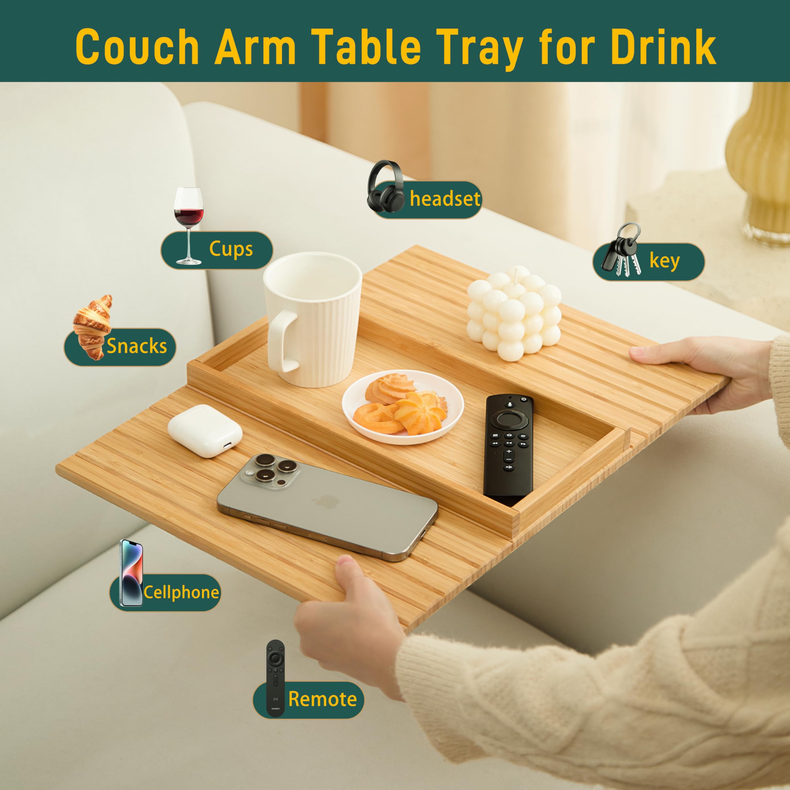 Mesa de bambú para reposabrazos de sofá, mesa plegable para reposabrazos, mesa flexible y antideslizante, bandeja portátil para sofá, para bebidas, tazas, comidas, aperitivos, teléfono, control remoto