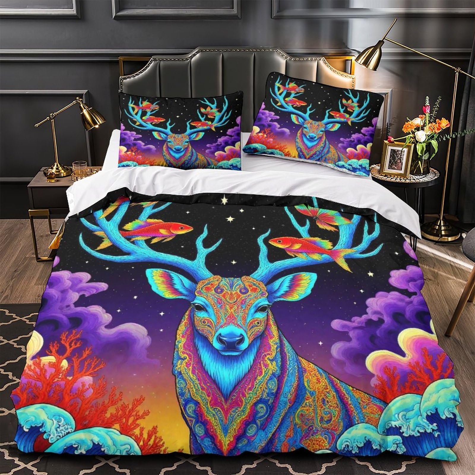 Housse de couette cerf 3D avec fermeture éclair cachée microfibre 260x220
