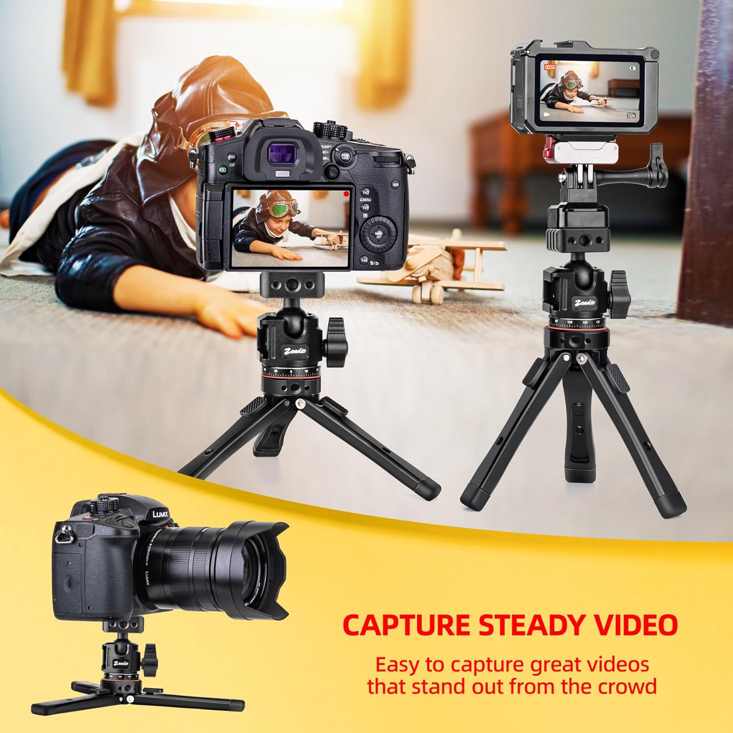 Zeadio Heavy Metal Tripod Kit: 1/4" Screw Adapter Tripod Mount for Travel | Recording | Vlog & Camera | iPhone Vlogging Kit & Camera Stand with 360° Ball Head