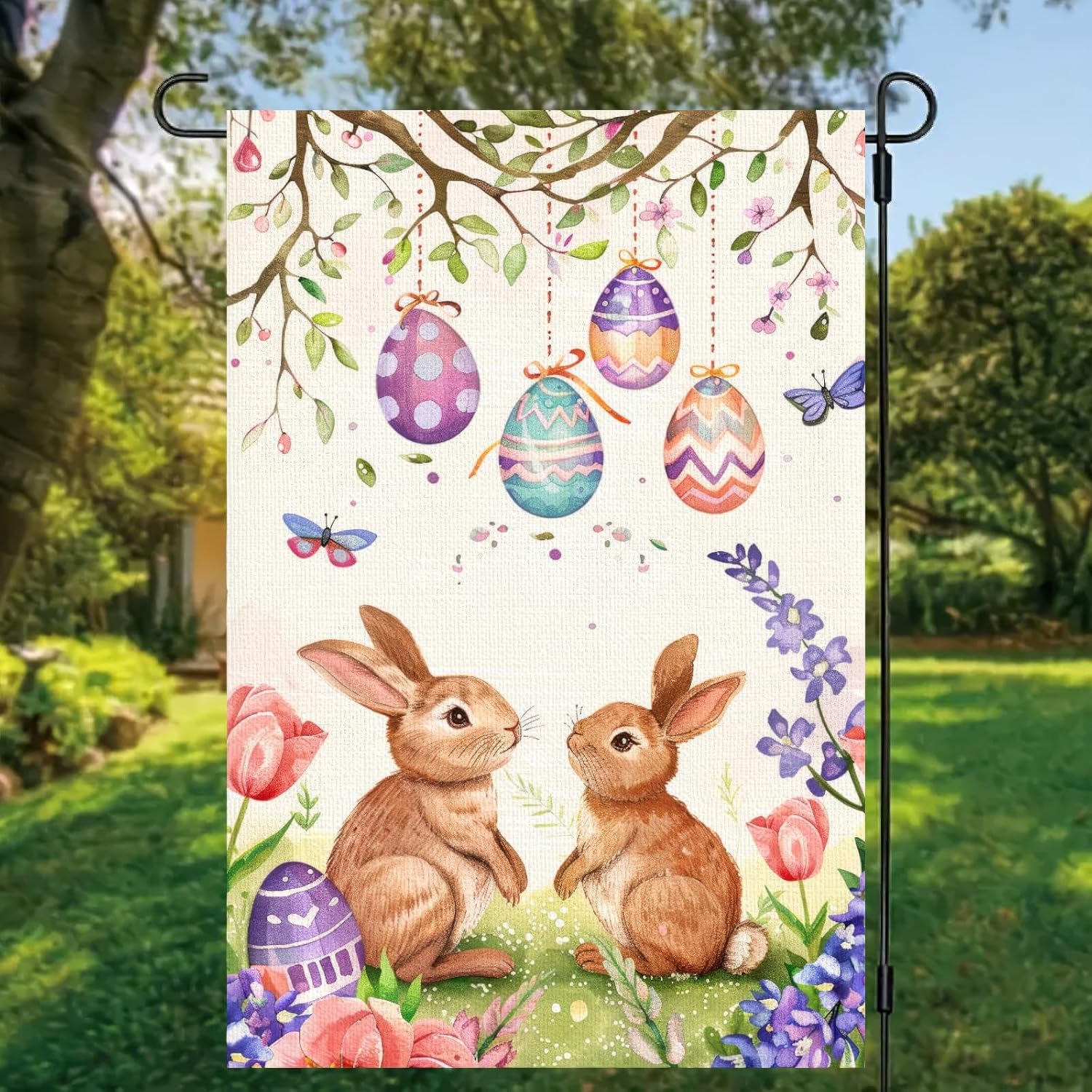 Happy Easter Garden Flag 12x18 Inch Double Sided Bunny and Hanging Easter Egg Design Small Outdoor Yard Flag Spring Rabbit Floral Banner for Porch Lawn Patio Garden Decor - Image 3