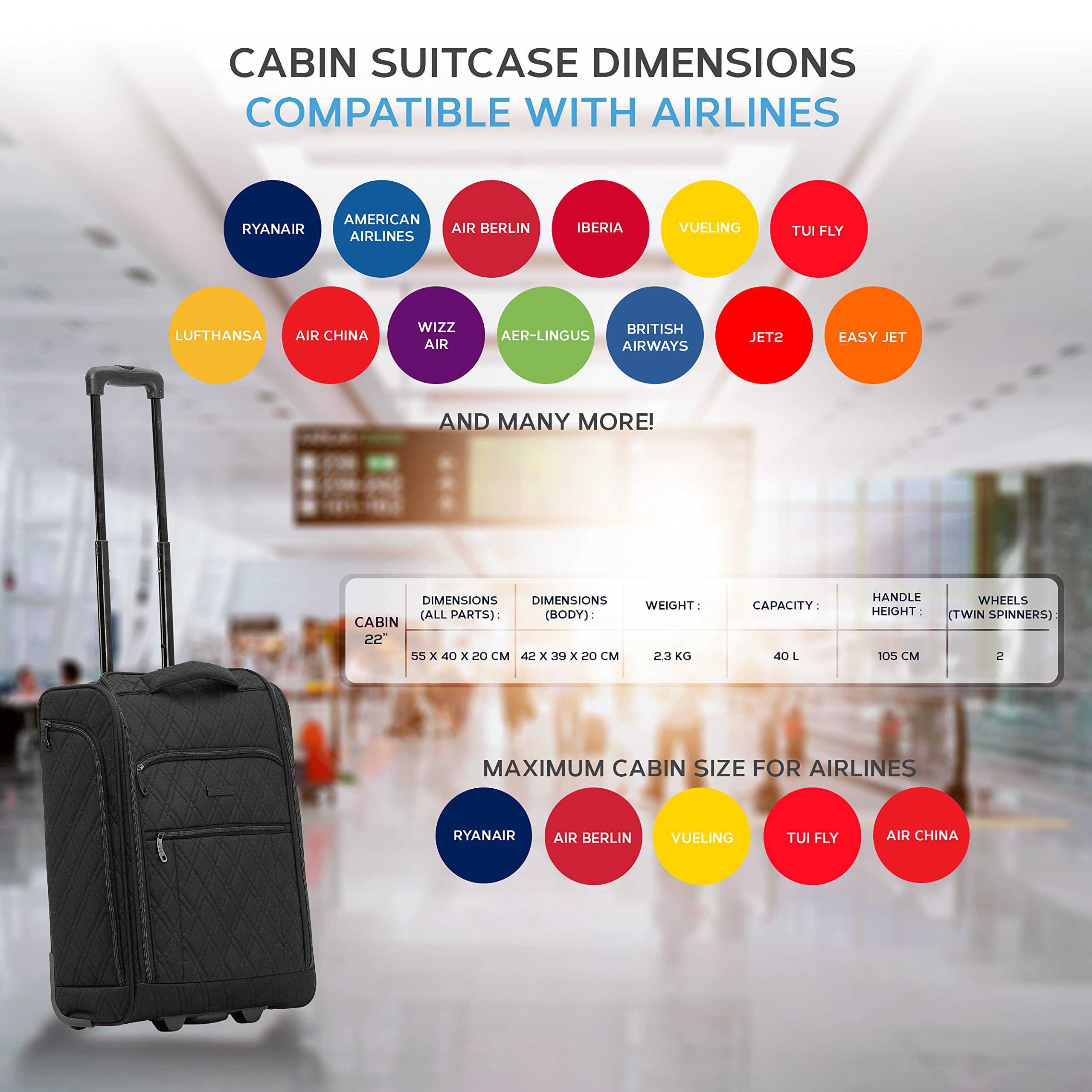 Flight Knight 55x40x20cm Ryanair Maximum Size Carry On Priority Hand Luggage Case Approved & Tested - 2 Wheels - Ultra Lightweight Durable Soft Case Textile Cabin Suitcase