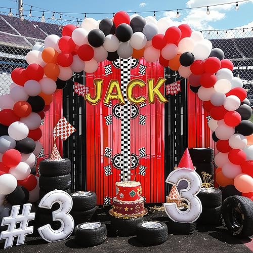 Vista 7 de 2 cortinas de fondo de aluminio con flecos de automóvil de carreras, decoración de fiesta de cumpleaños de coche de carreras, fondo de fotos negro