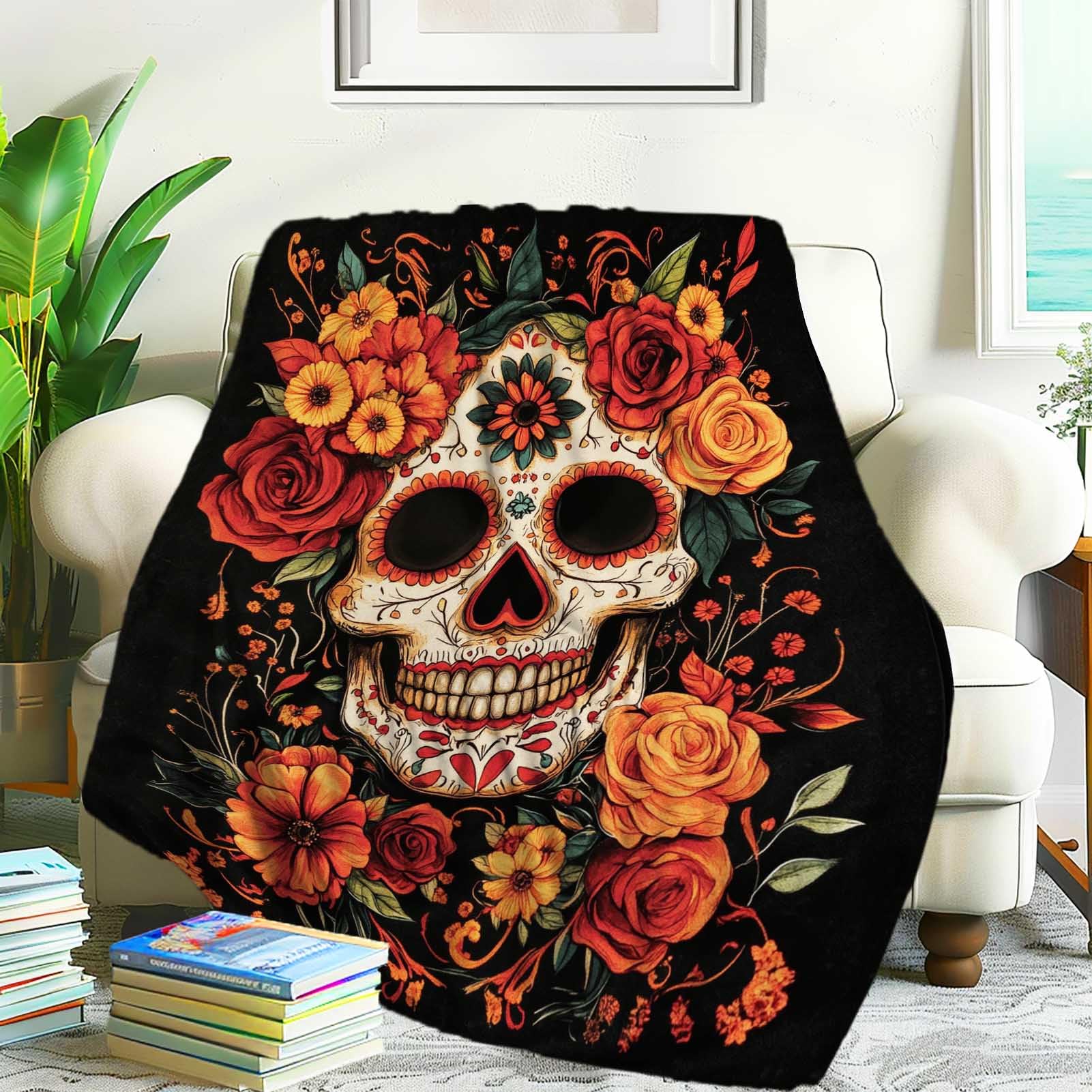 KozaHopa Sugar Skull Theme Blanket, Novelty Day of The Dead Floral Pattern Throw Blanket Gifts for Men Women, Suitable for Living Room/Bedroom, Fuzzy