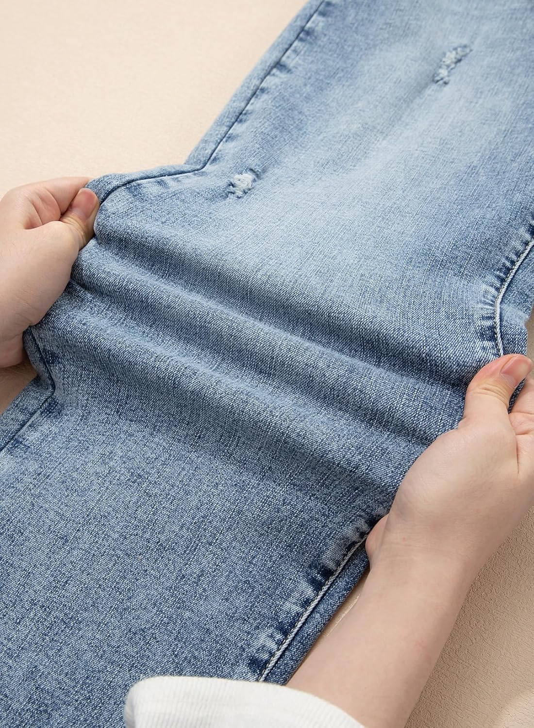 BLENCOT Women Maternity Jeans Elastic Waist Skinny Cuffed Ripped Pregnancy Cropped Pants