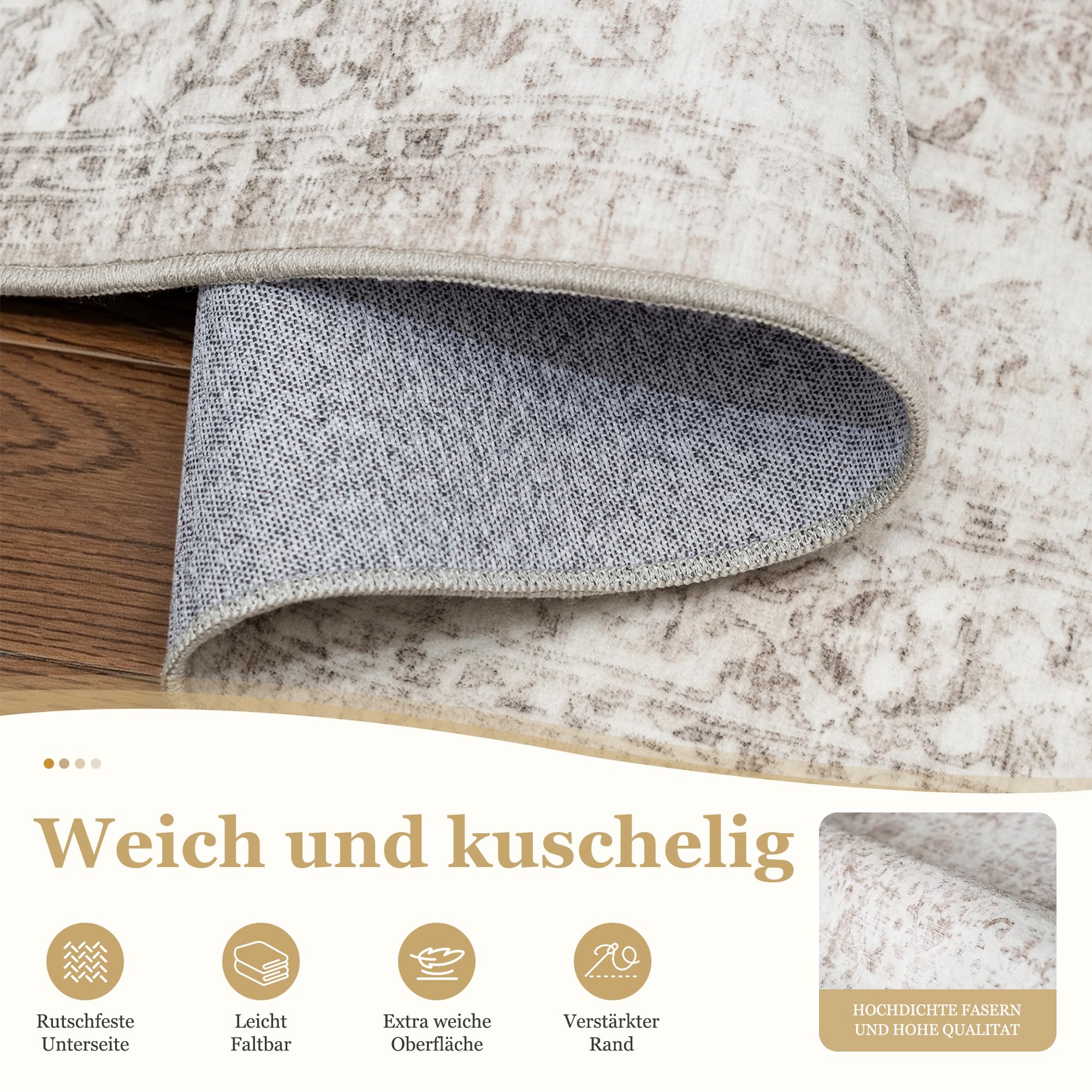 Beauoop Vintage Teppich Läufer Flur 60x240 cm Beige Waschbar Küchenteppich | Kurzflor Weich Rutschfest Retro Teppichläufer Bettvorleger Schlafzimmer Wohnzimmer Eingangsbereich Pflegeleicht Kitchen Rug