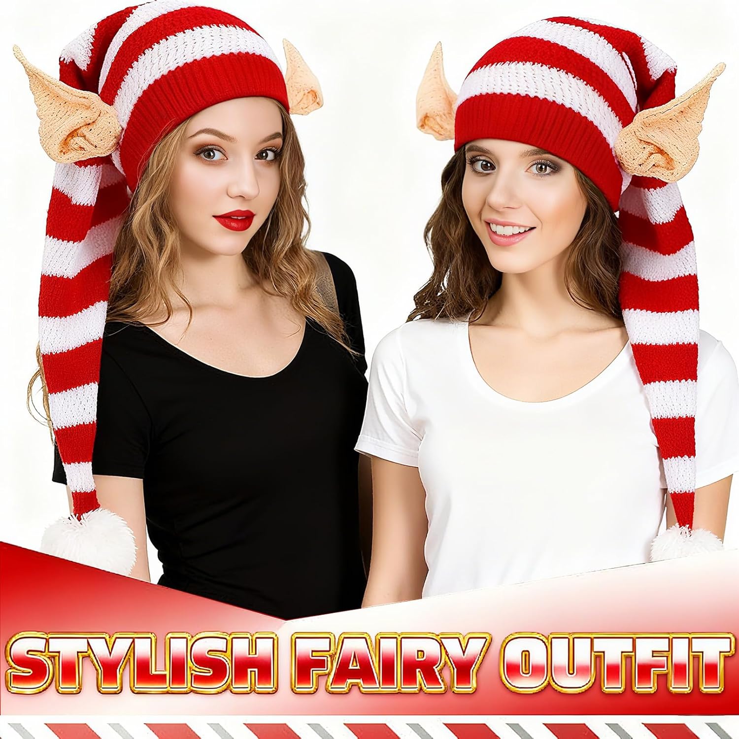 Christmas Knitted Elf Hats with Ears for Adults - Red and White Crochet Long Santa Hats Beanie, Fun Elf Costume Accessories Ideal for Christmas Celebrations, Xmas Party & Gifts - Image 3