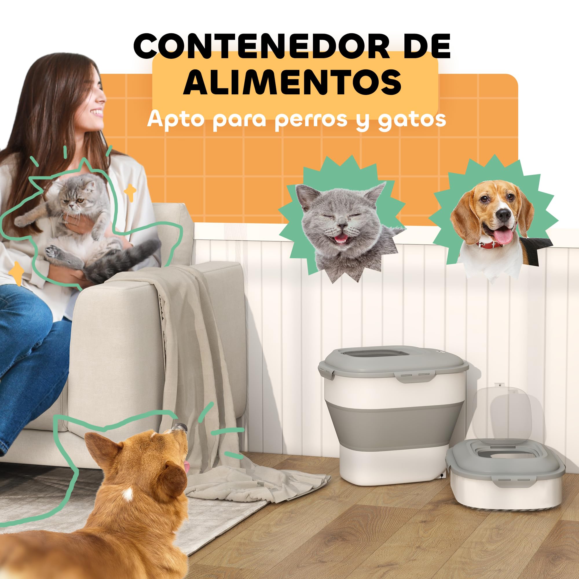 PawHut Conjunto de 1 Comedero Elevado para Perros Grandes con 2 Tazones 2000ml de Acero Inoxidable y 1 Contenedor de Comida para Perros Plegable 25L con Ruedas Taza Medidora Blanco y Gris