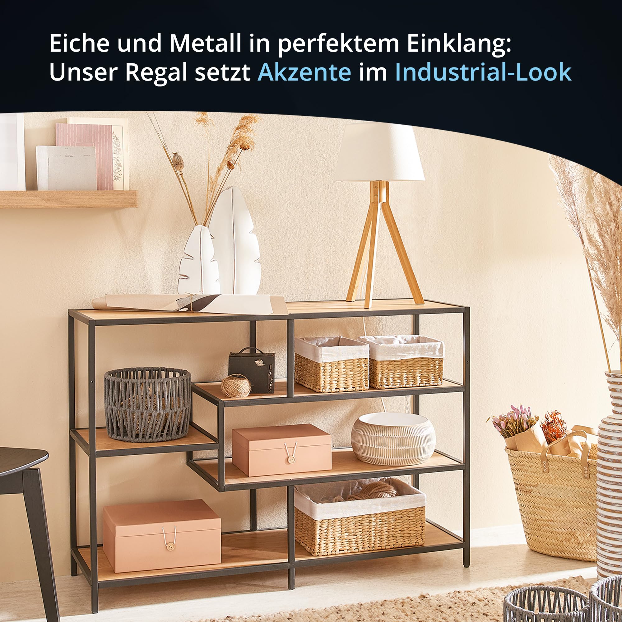 KHG asymmetrisches Regal, modernes Wandregal im Industrial Style, Standregal mit Metallgestell, Größe:114 x 78 x 35 cm, Holzwerkstoff foliert in Wildeiche, Korpus aus Metall pulverbeschichtet