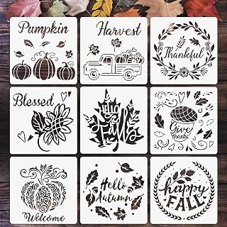 Whaline 9Pcs Fall Painting Stencils 7.9 x 7.9'' Autumn Stencil Reusable Pumpkin Maple Leaf Truck Sunflower Wreath Stencils Thanksgiving Drawing Templates for Painting on Wood DIY Art Craft Decor