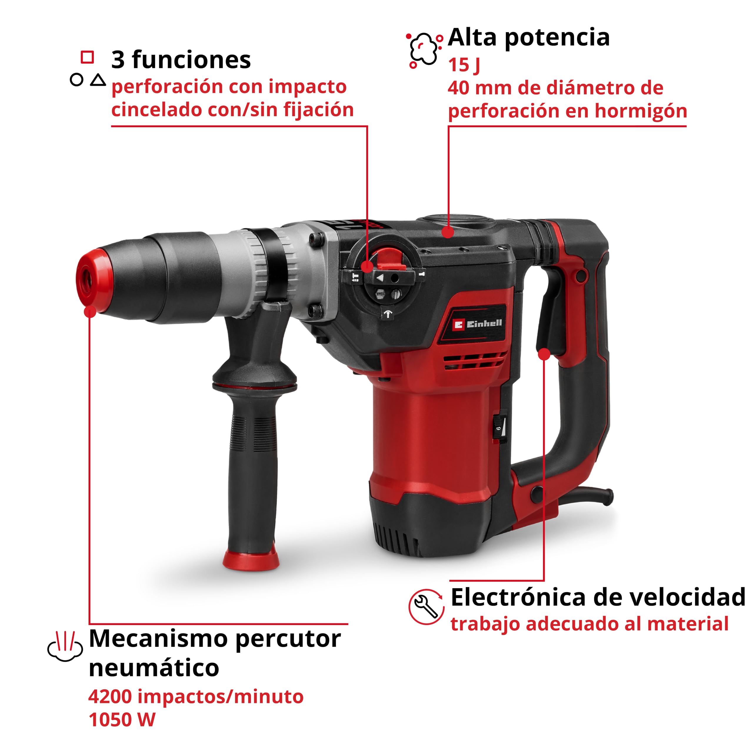 Einhell martillo perforador TE-RH 40/15 3F +2 | 1050 W | mecanismo percutor neumático | intensidad de impacto 15 J | antivibración | SDS-Max | cincel plano y cincel de punta