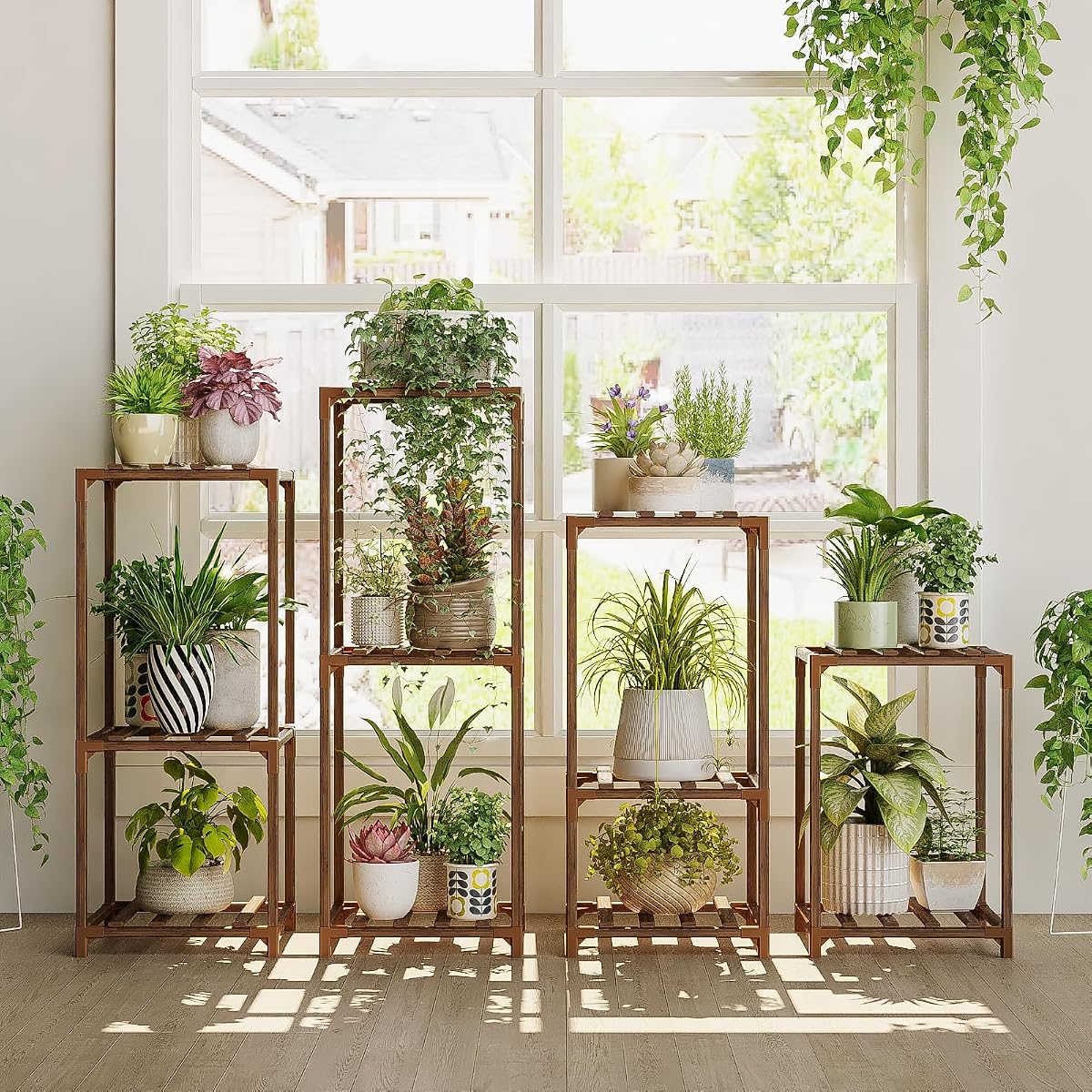 Bamworld Plant Stands Indoor 4 Sets Plant Shelves Outdoor | Wooden Plant Holder for Multiple Plants Flower Stands for Living Room Balcony Garden Patio Lawn Window