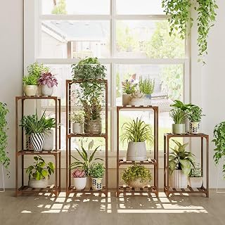 Bamworld 4-Pack Wooden Plant Stands - DIY Indoor Outdoor Flower Shelves for Multiple Plants, No Tools Needed
